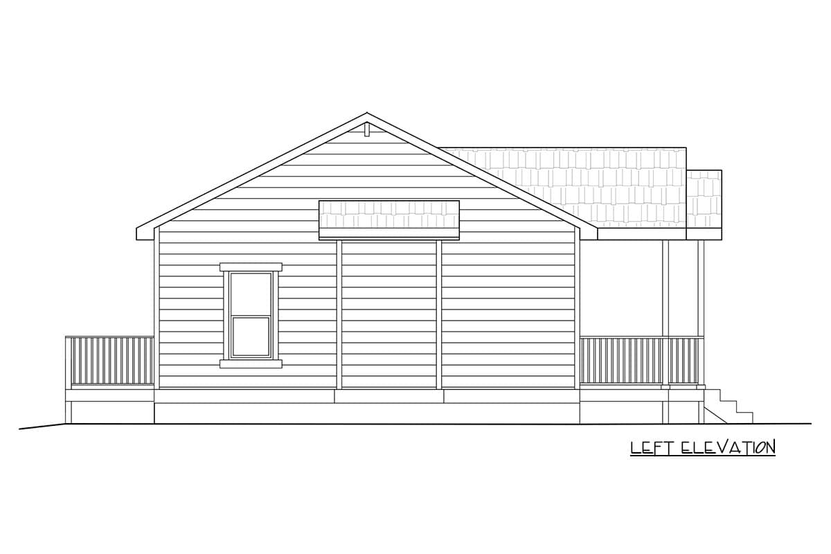 House plan left elevation drawing showing a single-story house with a gable roof, front porch, and horizontal siding.