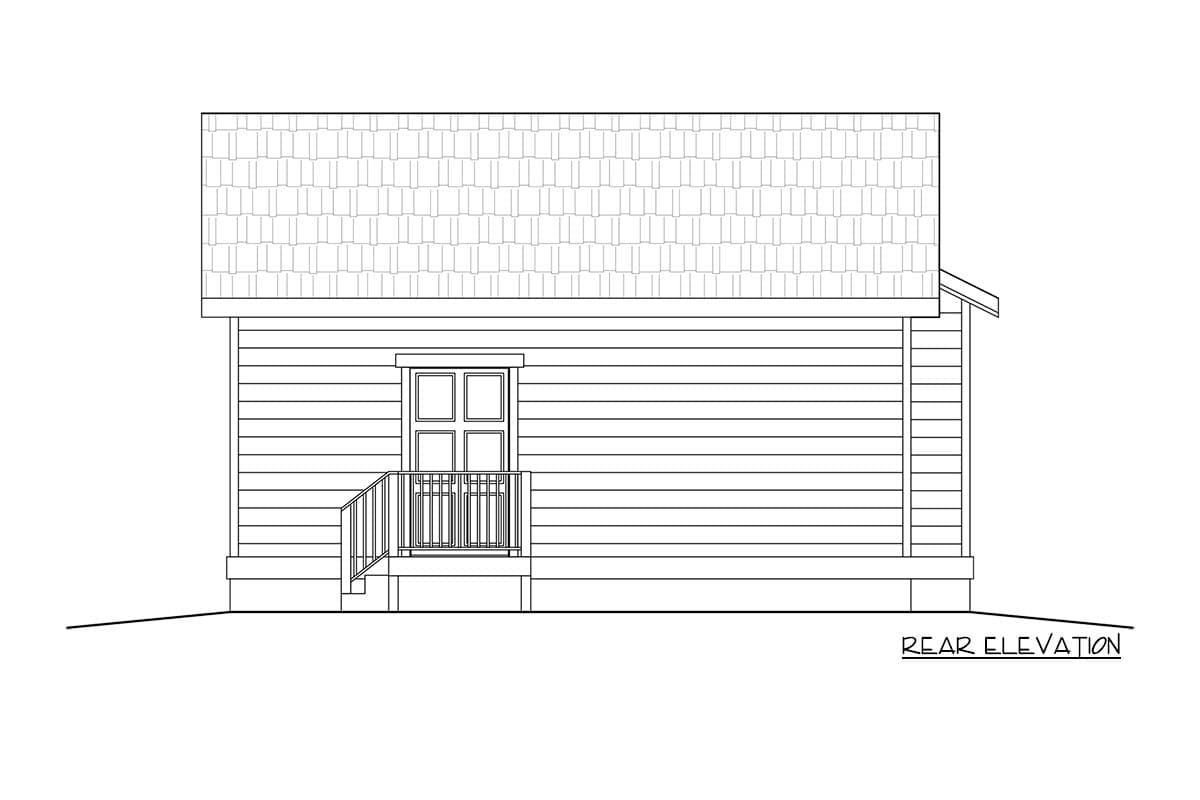 Rear elevation drawing of a house plan featuring horizontal siding, a pitched roof, and a door with a railing.