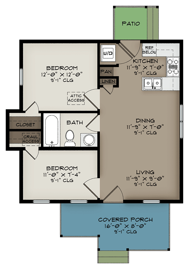 Plan 520033RKY: 2-Bed Country Cottage House Plan with Open Concept Living Under 600 Sq Ft - Floor Plan - Main Level - Cottage, Country, Craftsman, Traditional