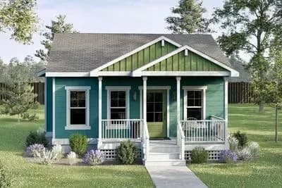 2-Bed Country Cottage House Plan with Open Concept Living Under 600 Sq Ft
