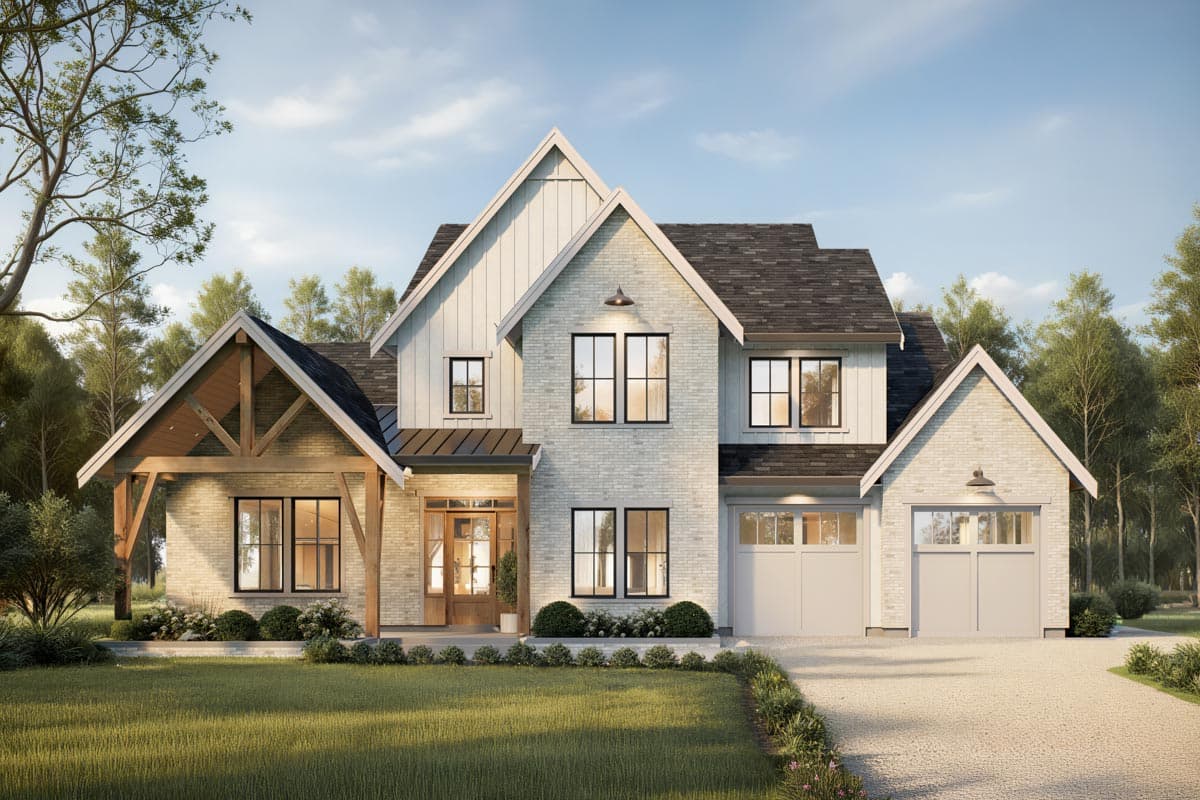Modern Farmhouse exterior plan with gabled rooflines, exposed wood beams on porch, and a dual garage. Two stories with brick facade.