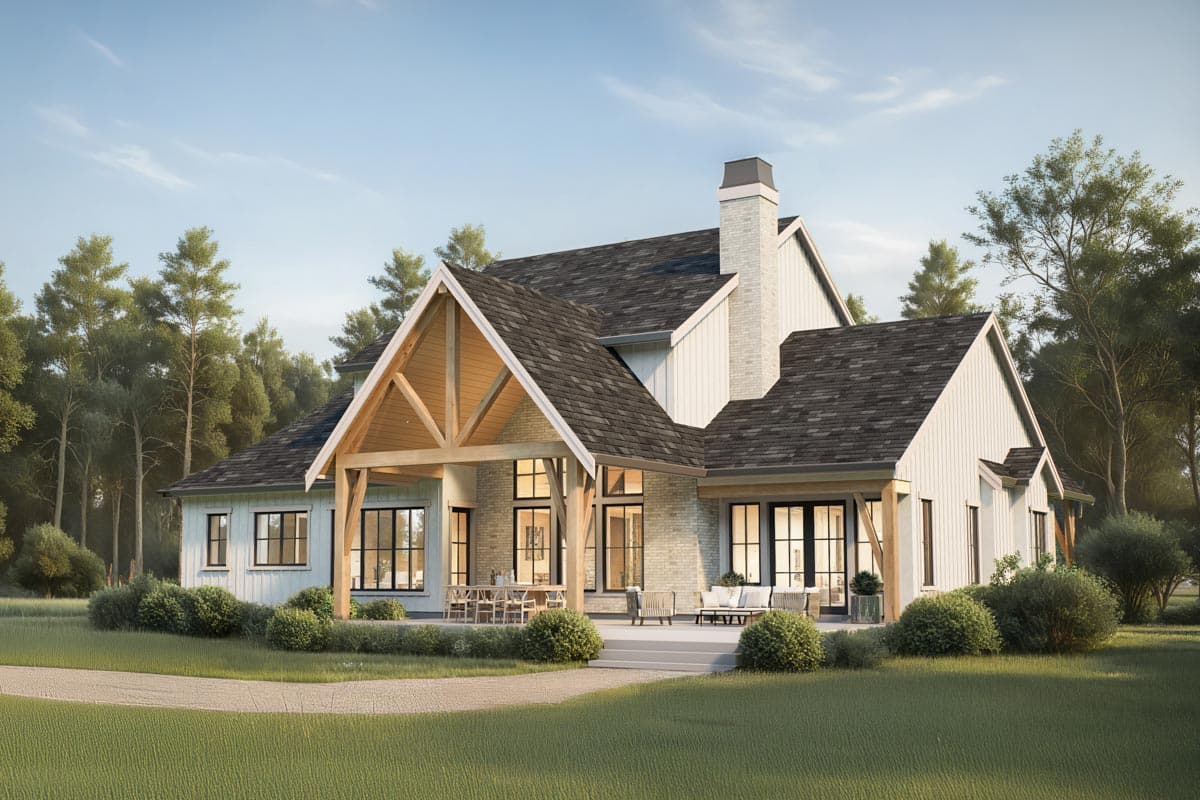 Modern Farmhouse house plan exterior with large covered porch, gabled rooflines, stone chimney, and vertical siding.