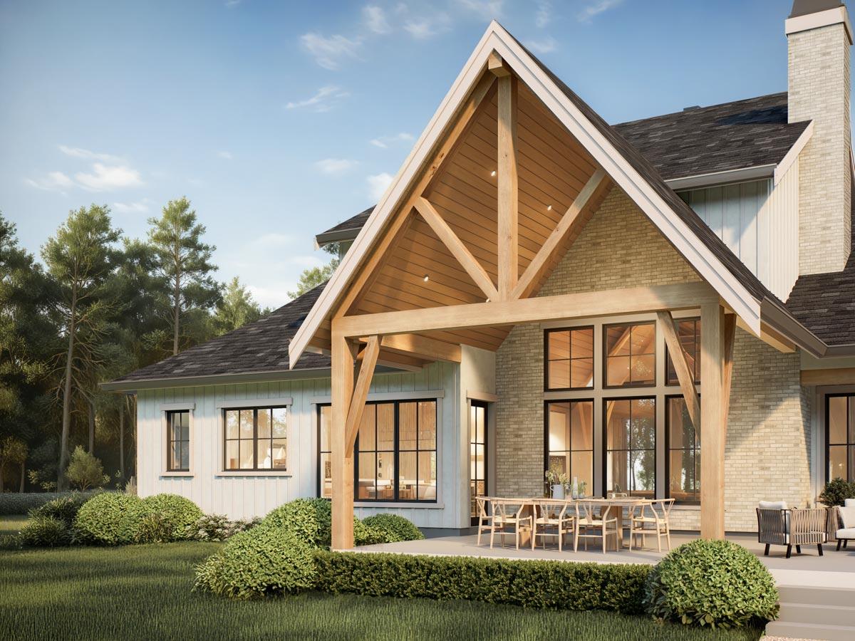 Modern Farmhouse house plan exterior with exposed timber framing, gabled roof, and large multi-pane windows.