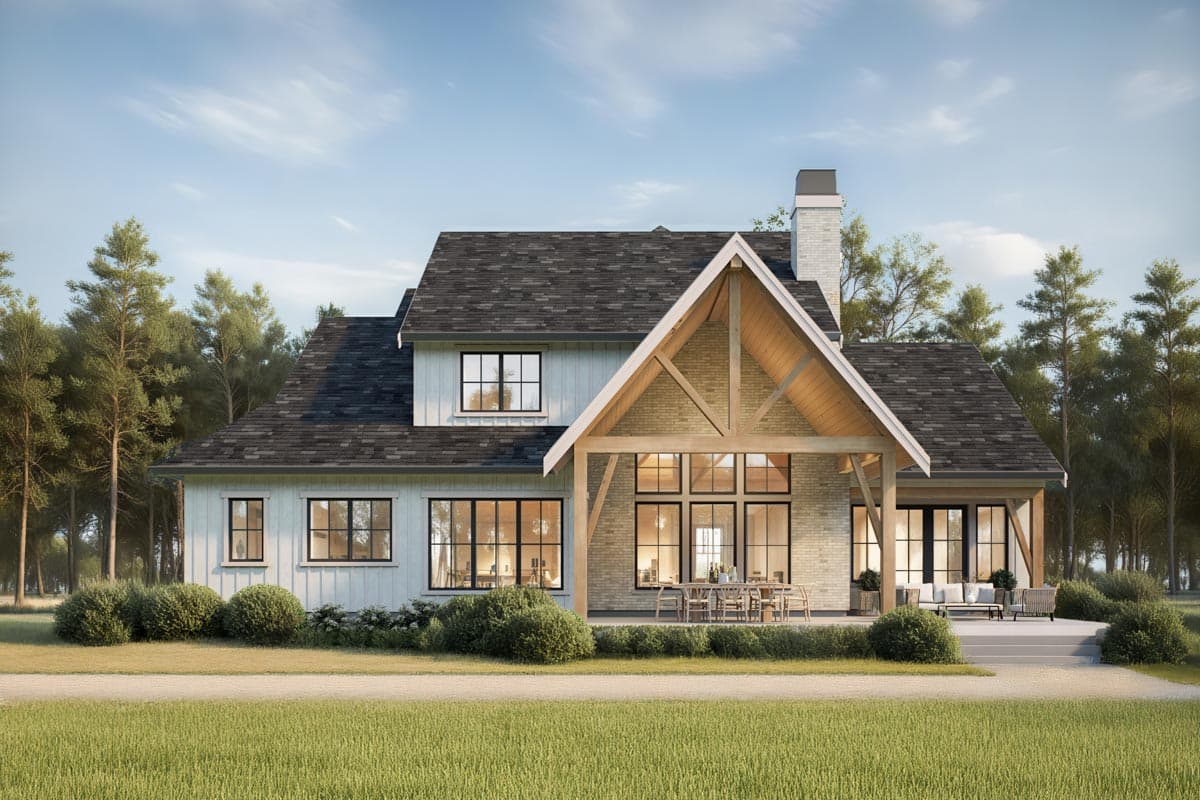 Modern Farmhouse house plan exterior with gables, covered porch with exposed beams, and large windows.