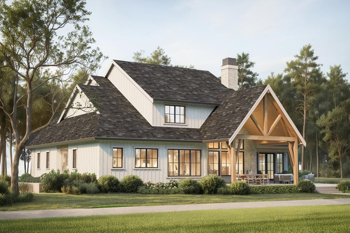 Modern Farmhouse house plan exterior, two stories, gable rooflines, stone chimney, and covered outdoor living area with exposed timber framing.
