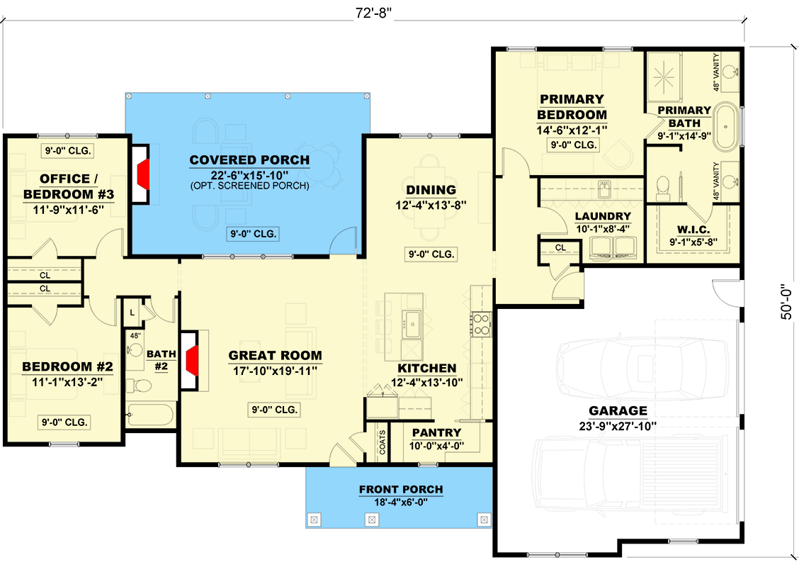 Plan 810036RBT: 3-Bed Rustic One-Story House Plan with Huge Covered Rear Porch - 1825 Sq Ft - Floor Plan - Main Level - Country, Craftsman, New American, Ranch, Rustic, Traditional