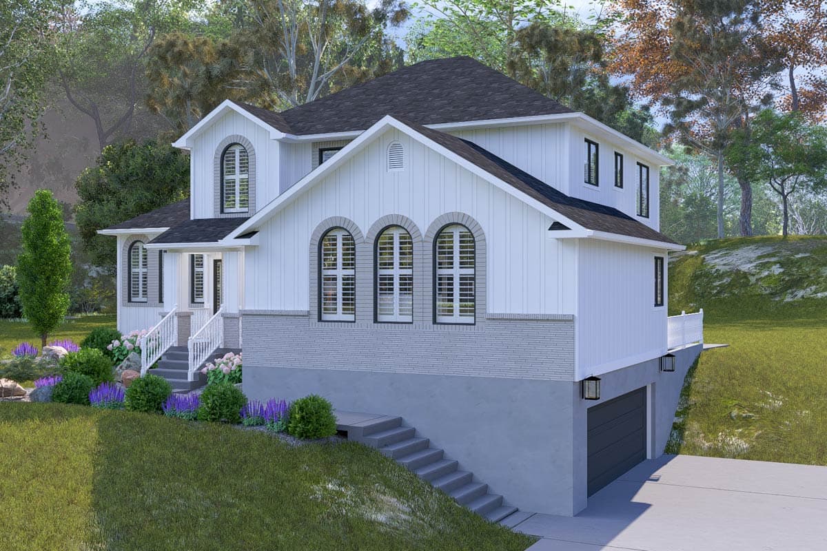 House plan exterior: Two-story Modern Farmhouse with arched windows, board and batten siding, brick base, and detached garage.