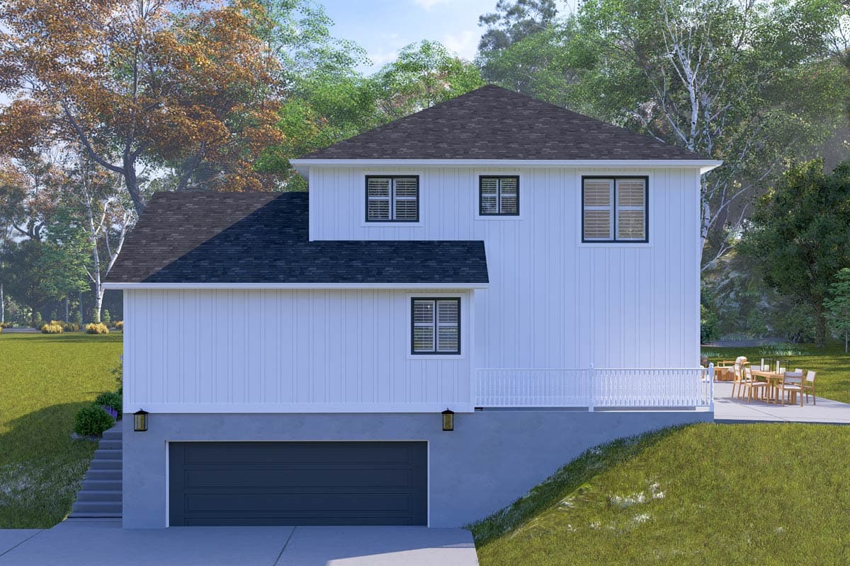 House plan exterior: two-story modern home with white vertical siding, dark gabled roof, and attached garage.