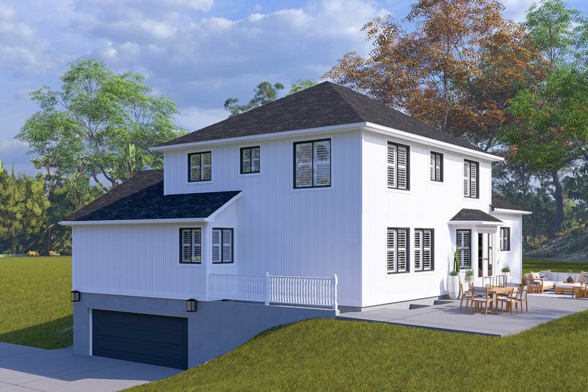 House plan exterior of a two-story Modern Farmhouse with a side-entry garage, gabled roof, and ample windows.