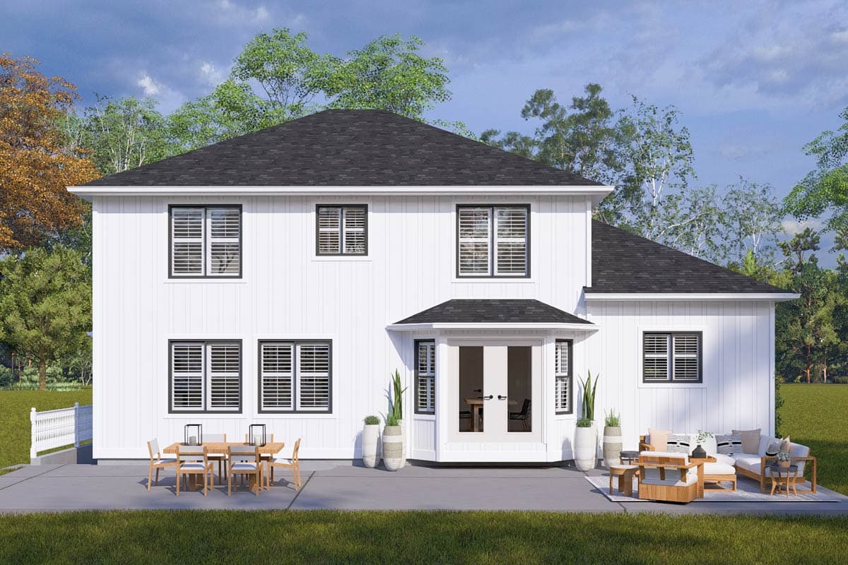 Two-story house plan exterior with white vertical siding, black-framed windows, a covered porch with French doors, and a dark asphalt shingle roof.