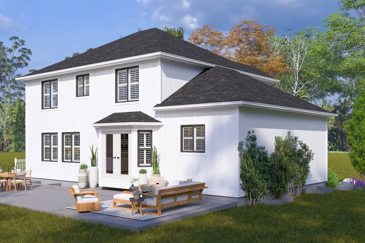 House plan exterior: Two-story modern farmhouse with board and batten siding, gable roof, double glass doors, and multiple windows.