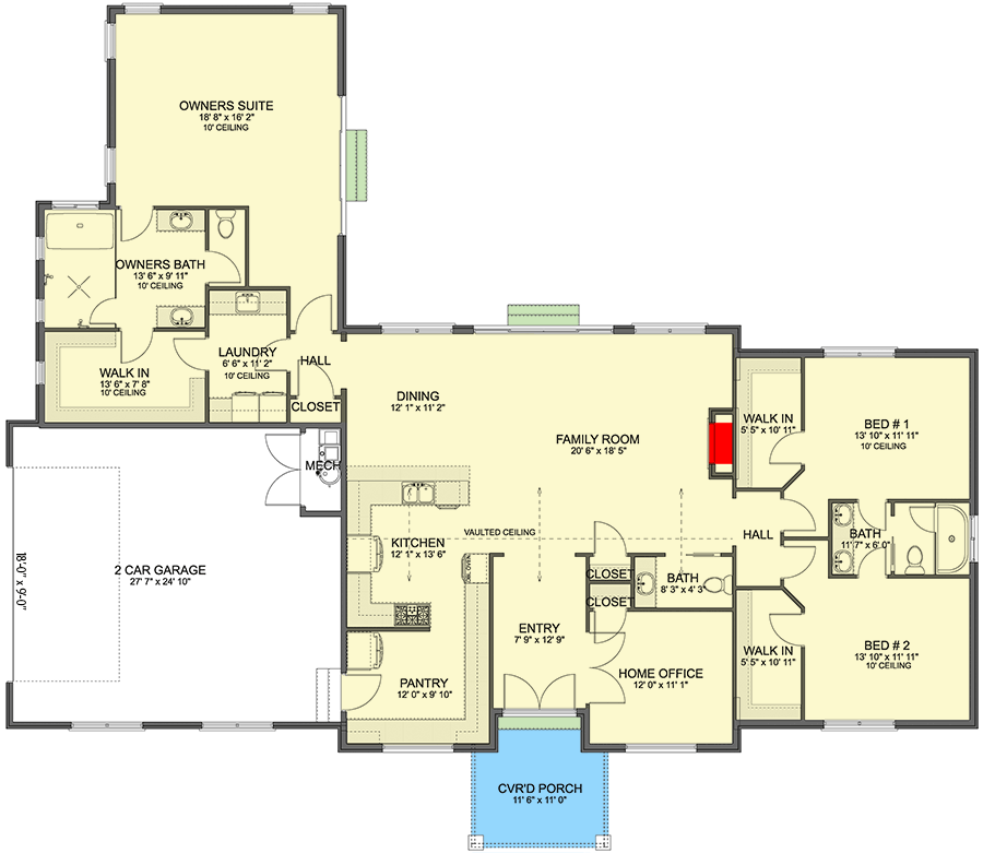 Plan 61602UT: Single-Story Country Ranch House Plan with Jack & Jill Bathroom - 2672 Sq Ft - Floor Plan - Main Level - Country, Ranch