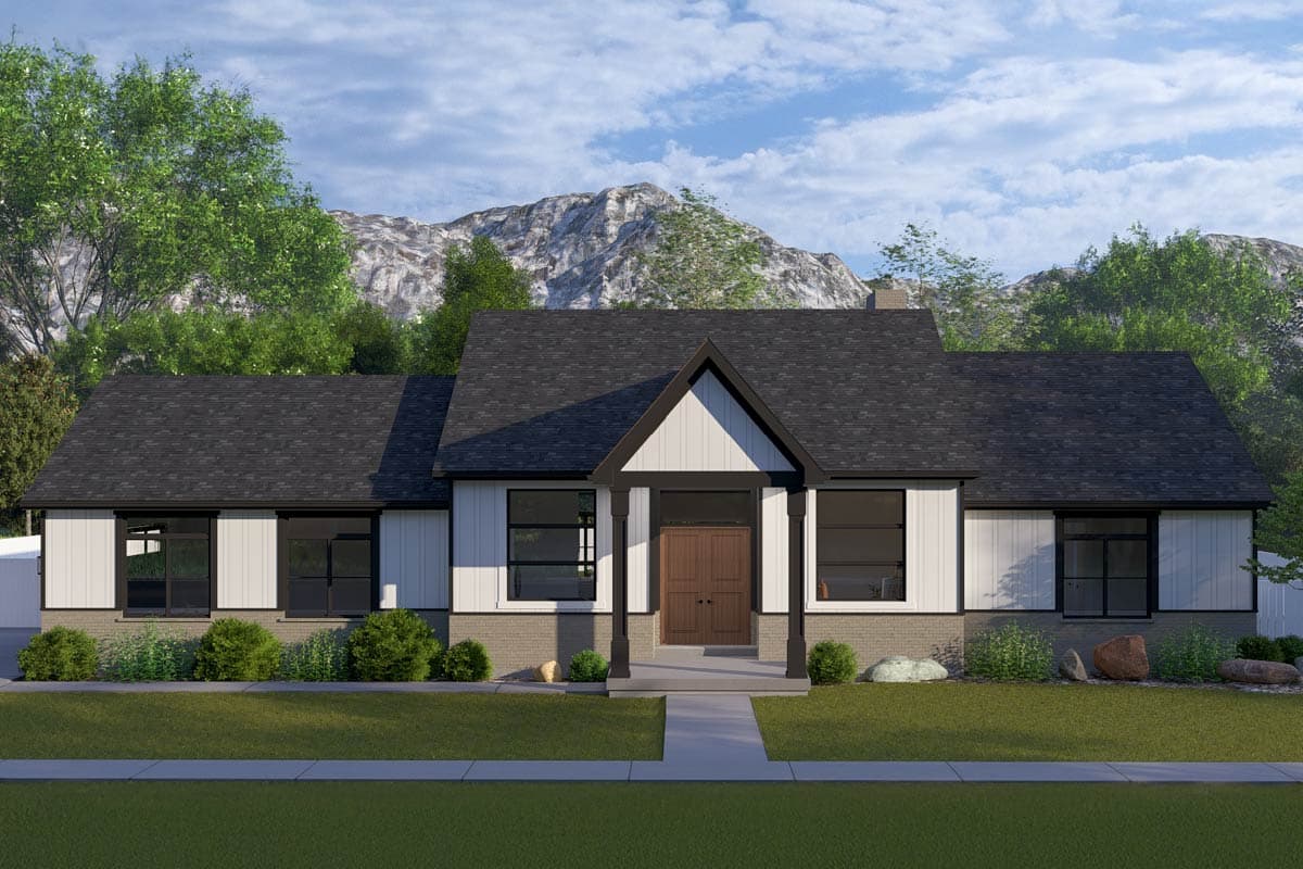 House plan exterior. Ranch style with a gabled entry, dark roof, and horizontal siding. Features include large windows and brick facade.