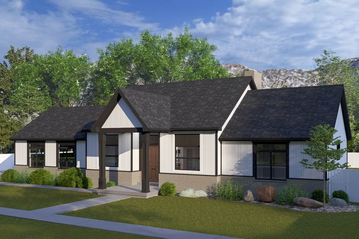 Modern Farmhouse house plan exterior with a gable entry, porch, and board-and-batten siding.