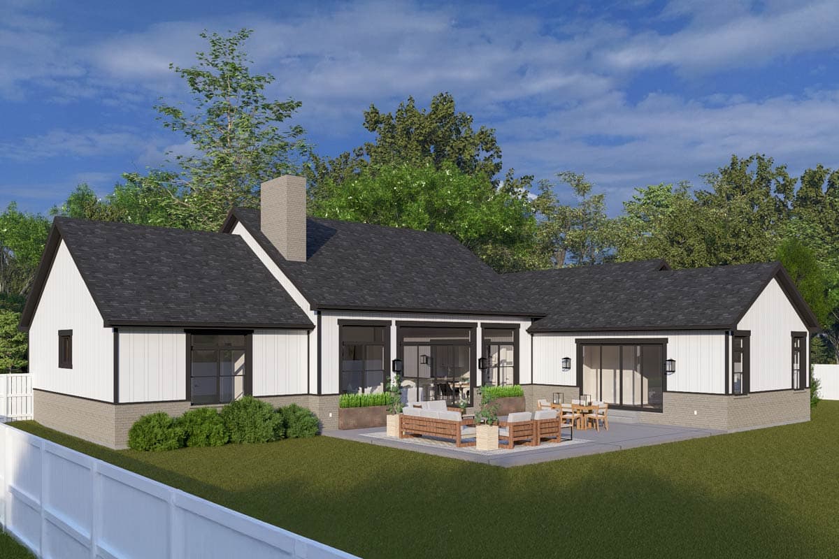 House plan exterior: Modern style, single-story, white vertical siding, brick base, gabled roof, large windows, patio access.