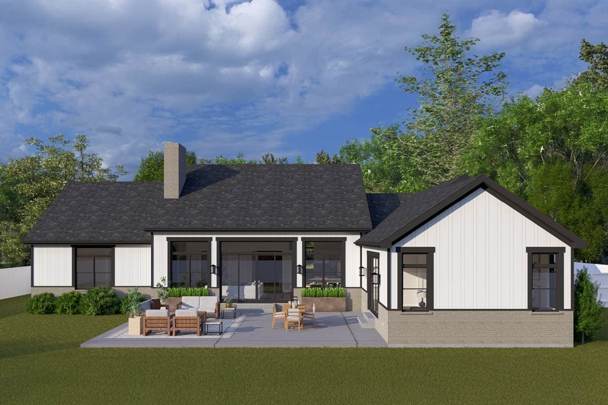 House plan exterior, modern style, one story, with prominent gables, large windows, patio, and brick foundation.
