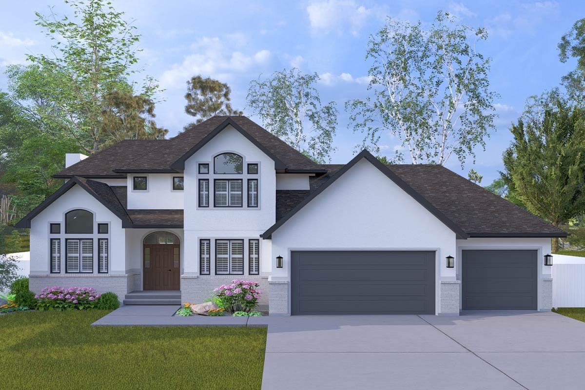 House plan exterior. Two-story home with a gabled roof, two-car garage, and arched window above the front door.