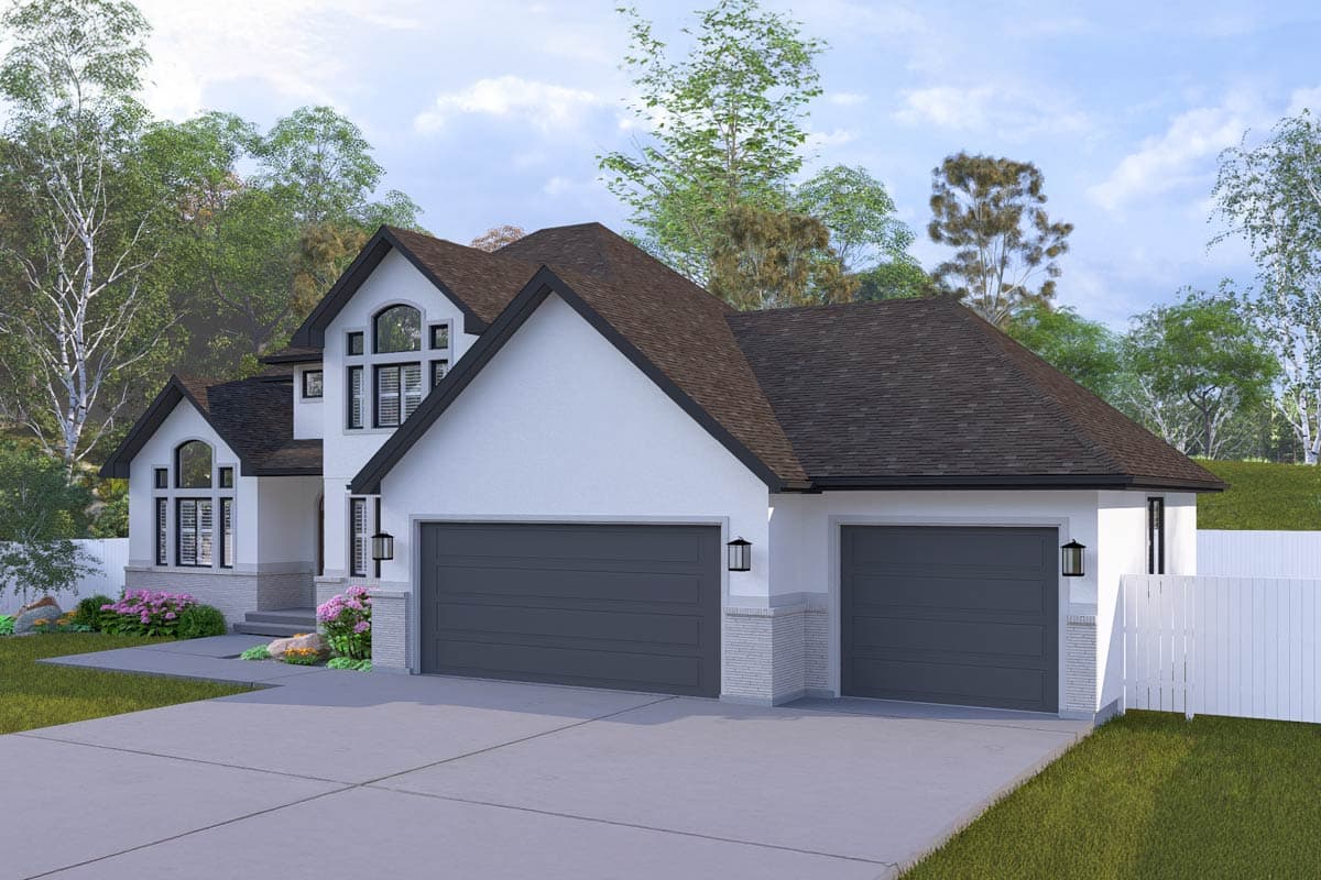 House plan exterior: Contemporary style, two stories, stucco facade, prominent gables, arched windows, and triple-car garage.