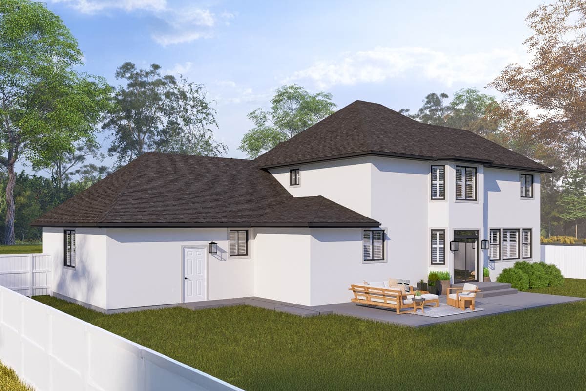Two-story house plan exterior with hip roof, bay windows on the second floor, and a back patio.