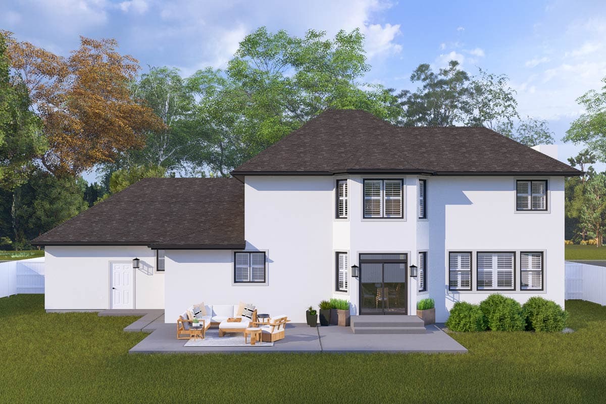 House plan exterior: Two-story white stucco home with dark roof, prominent gables, a side garage door, and a rear patio.