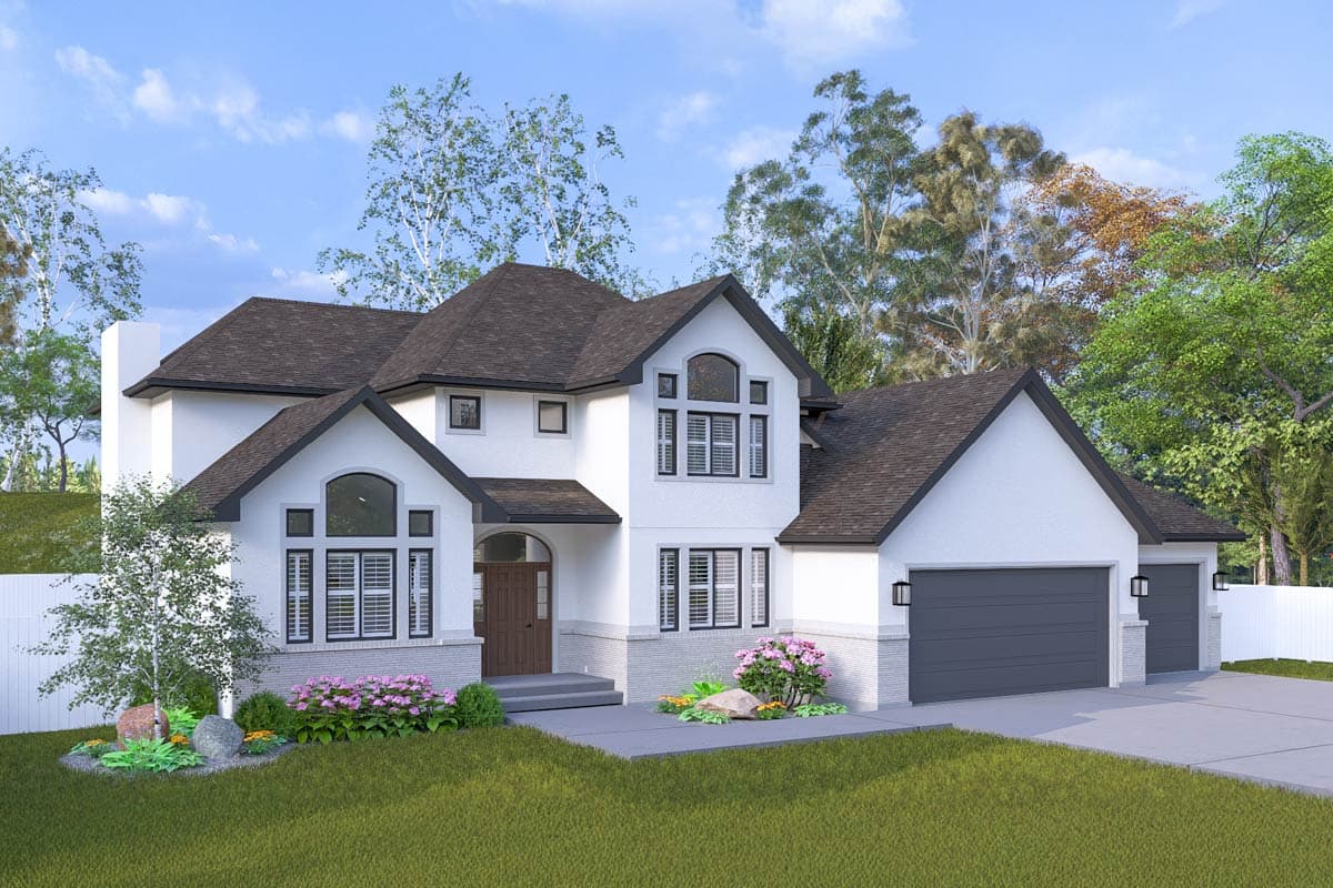Exterior view of a two-story house plan with a prominent gable, arched windows, side-entry garage, and white stucco.