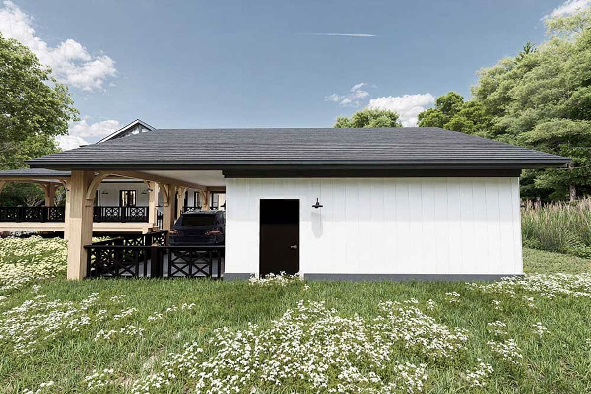 House plan exterior with attached carport, timber framing, and black railing system. Features white siding and a dark door.