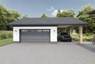 2-Car Traditional Garage Plan with Carport - 927 Sq Ft