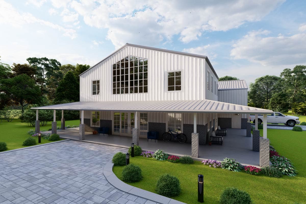 Modern Farmhouse house plan exterior with wraparound porch, metal siding, and large gable window.