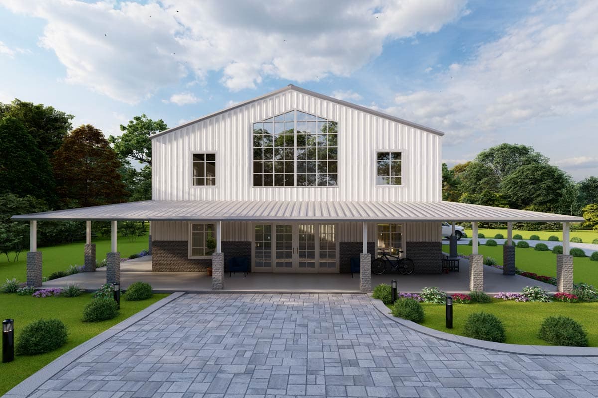 House plan exterior: Modern farmhouse style, two stories, wide porch with stone-clad columns, vertical siding, and large gable window.