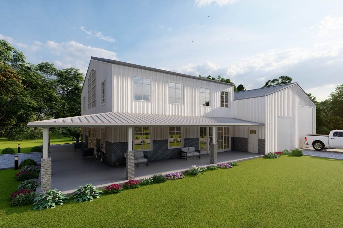 Two-story house plan exterior with metal siding, a covered porch, gabled roof, and attached garage.