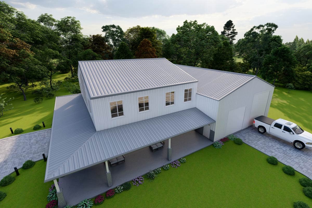 House plan exterior of two-story Modern Farmhouse with metal roof, wraparound porch, and attached garage.