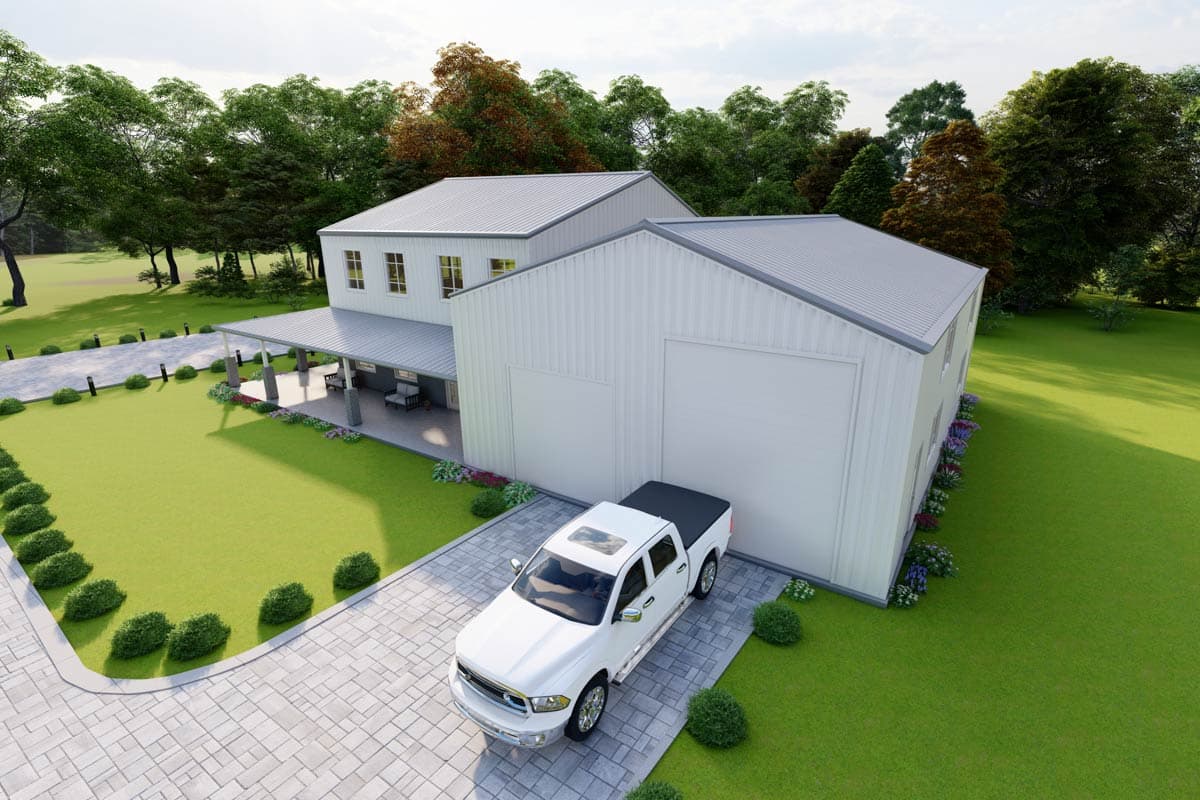 Two-story house plan exterior with a covered porch, metal roof, and a large attached garage bay.