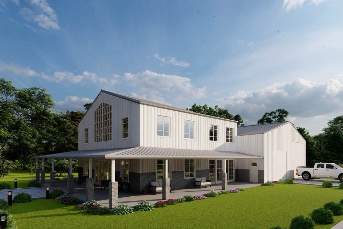 House plan exterior with two stories. Features include a wraparound porch, a gable roofline, and an attached garage.