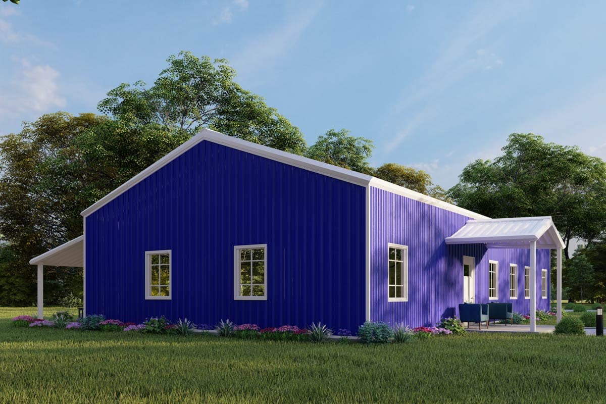 House plan exterior: one-story building with a gabled roof, white trim, and a covered porch with seating.