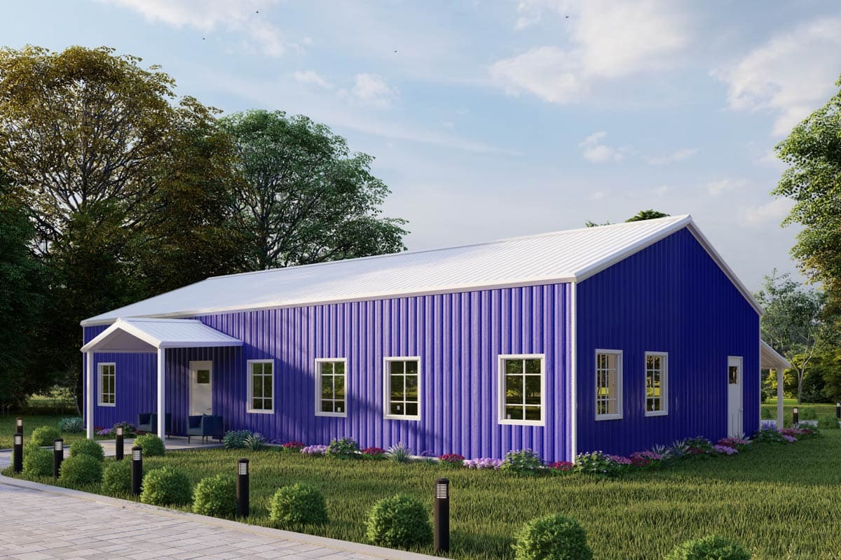 House plan exterior featuring a single-story building with vertical siding, a prominent gabled roof, and a covered entry porch.
