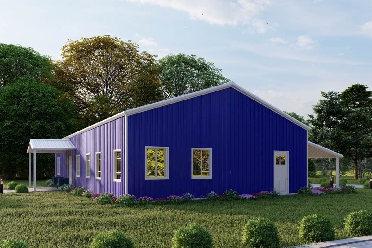 House plan exterior: single-story metal building with a gable roof, covered porch, and white-trimmed windows.