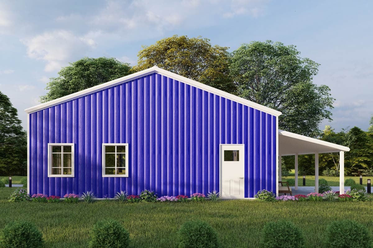 House plan exterior: single-story metal building with gable roof, two windows, and a covered porch.