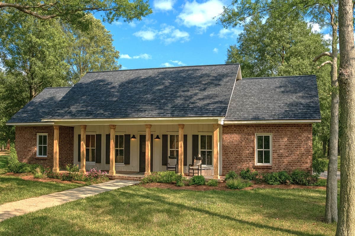 House plan exterior. One-story Ranch style home with a covered porch supported by columns. Features include brick facade, gabled roof, and shutters.