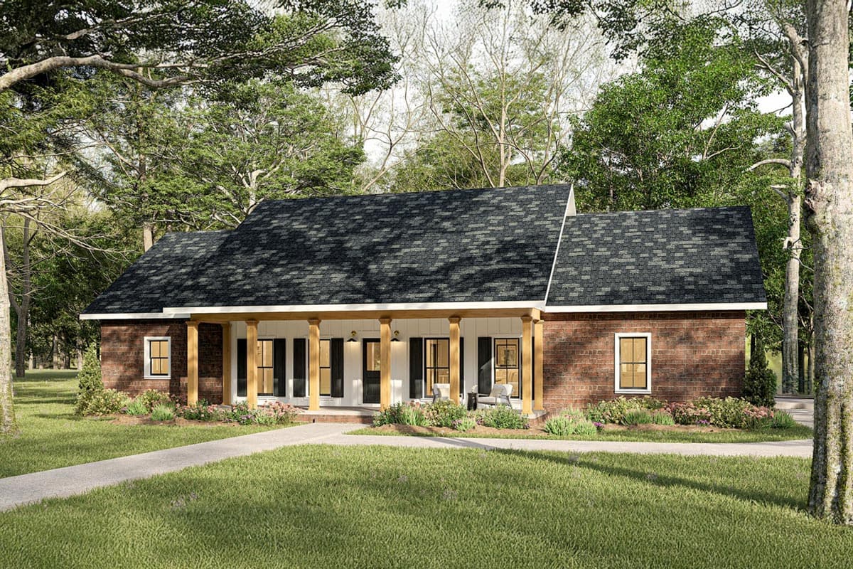 House plan exterior of a single-story home with a covered front porch, brick facade, and multiple gables.