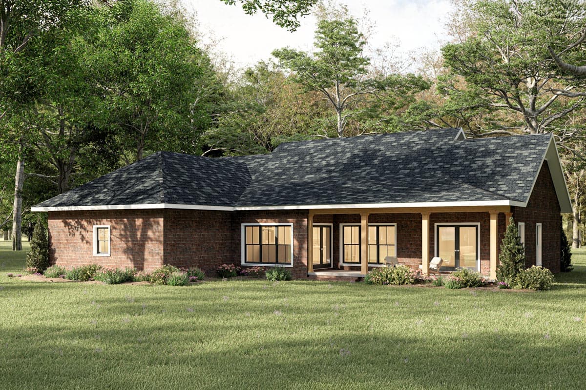 One-story house plan exterior with brick facade, covered porch with wood columns, and multiple gables.