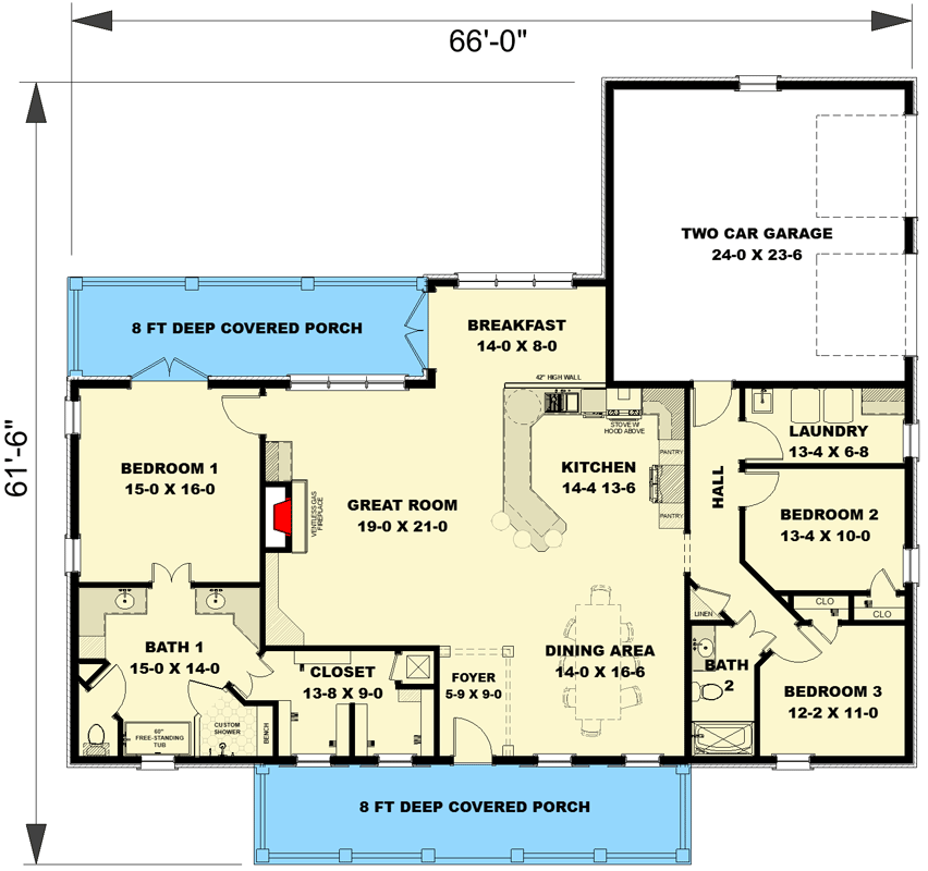 Plan 25057DH: 3-Bed Farmhouse Ranch with Private Primary Bedroom - 2096 Sq Ft - Floor Plan - Main Level - Country, Farmhouse, Ranch, Southern