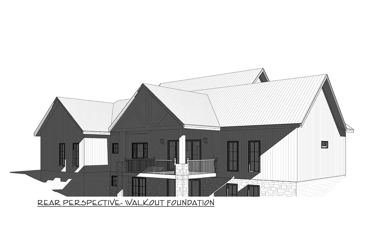 A black-and-white architectural rendering depicts the rear perspective of a house with a walkout foundation, multiple gabled roofs, and a balcony.
