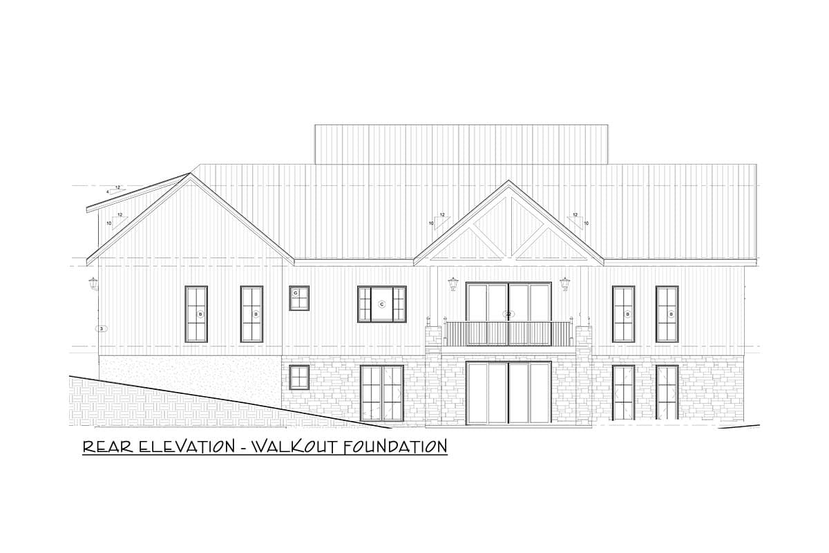 Architectural rear elevation drawing of a house with a walkout foundation, featuring multiple windows, a balcony, and a sloped roof.