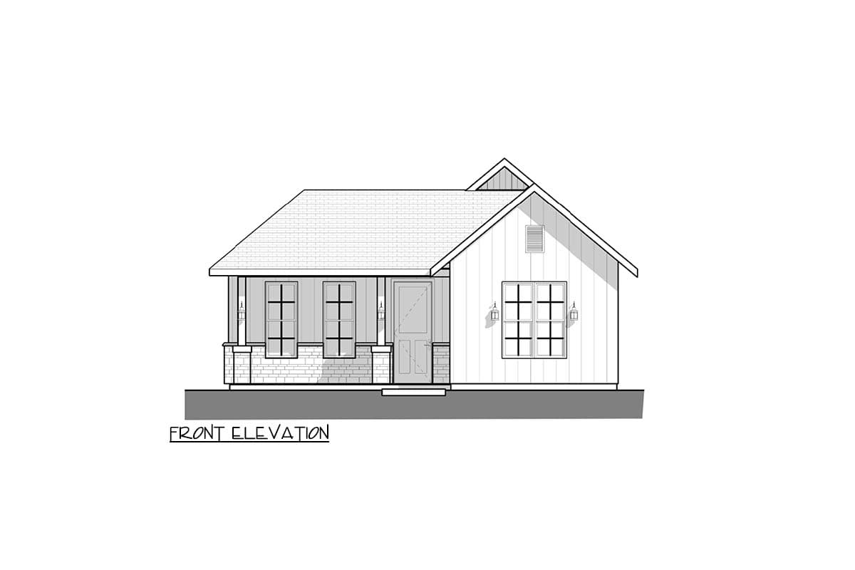 Front elevation drawing of a one-story house with a covered porch, multiple windows, and a gable end.