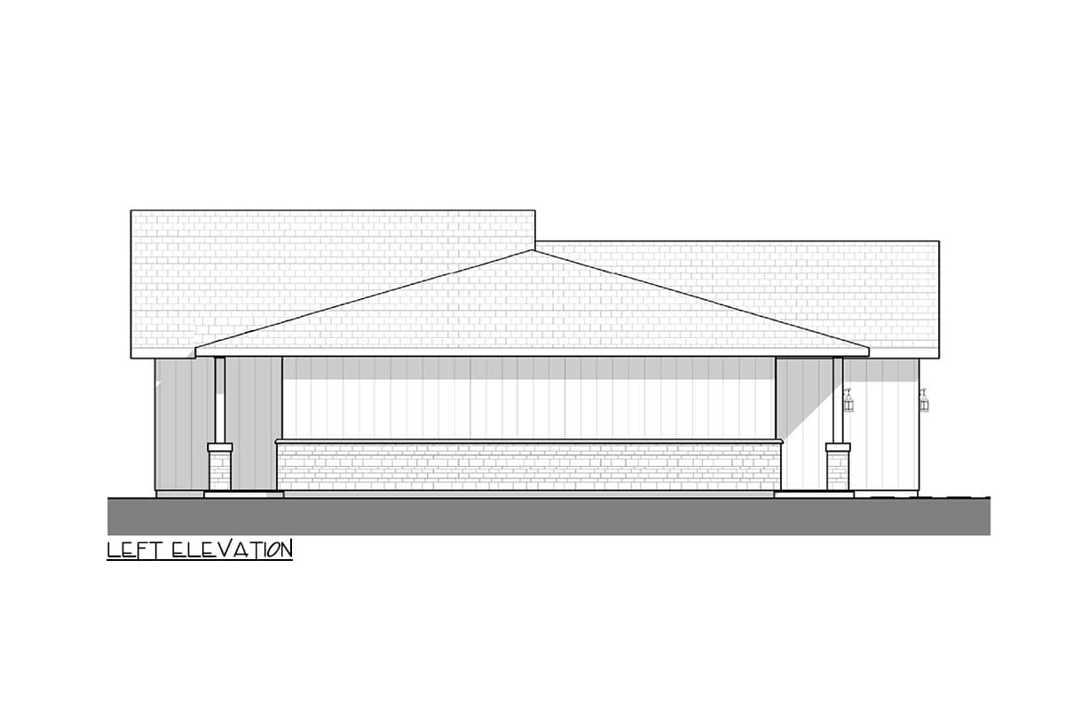 Left elevation of a house plan showing a single-story structure with a prominent gable roof and covered entry porch.
