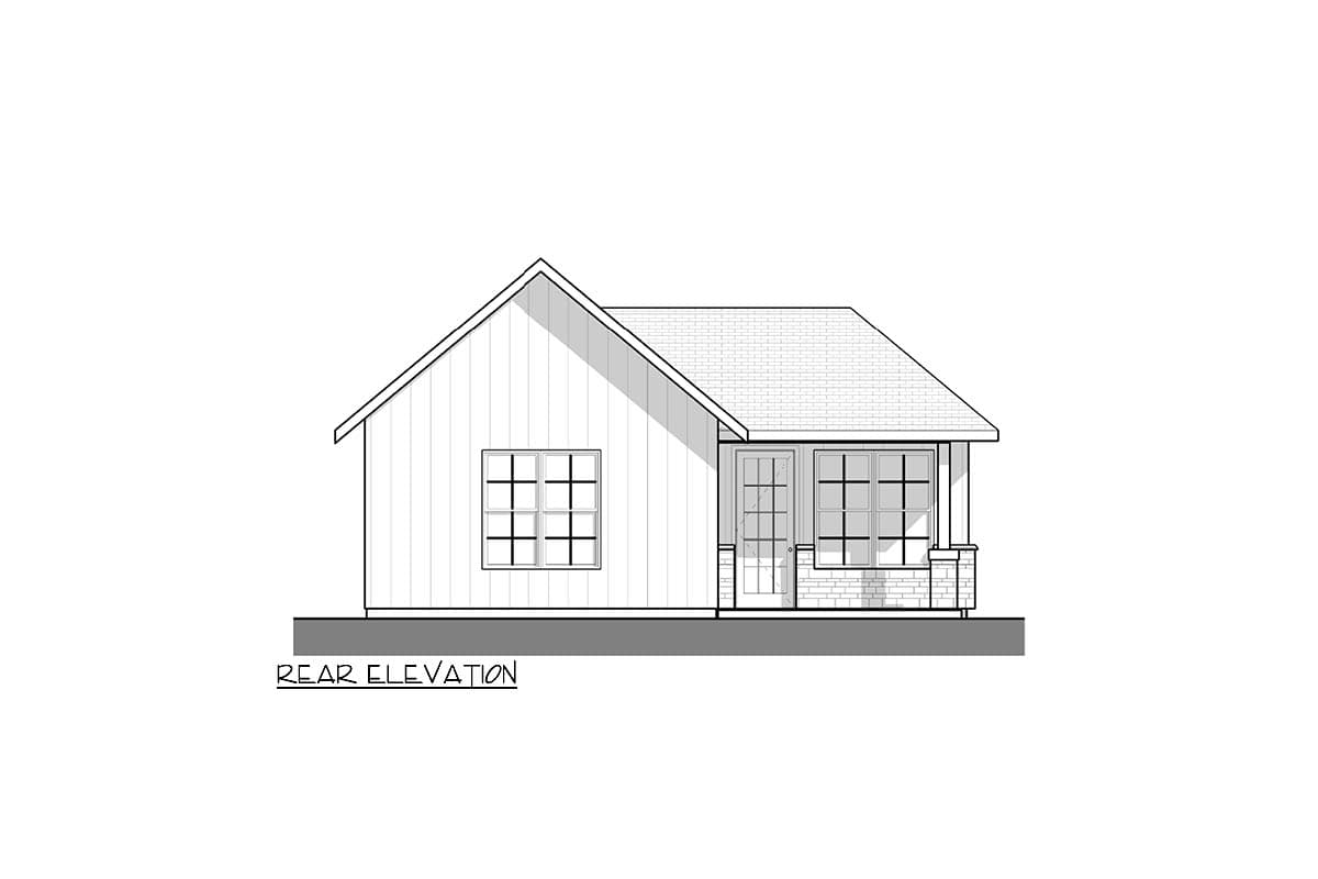 Rear elevation drawing of a one-story house with a gable roof, one window, and a covered porch with brick support.