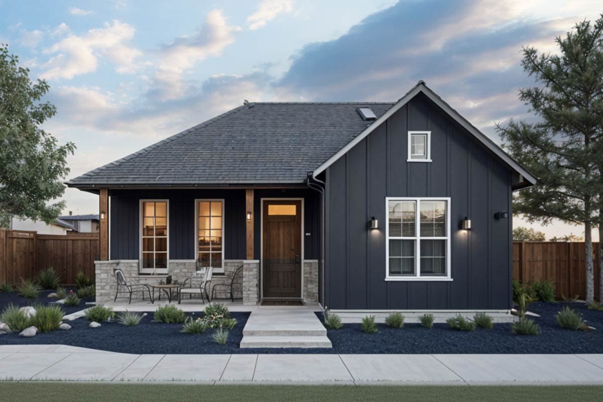 House plan exterior. Modern Farmhouse style with a single story, front porch, board and batten siding, and gabled roof.
