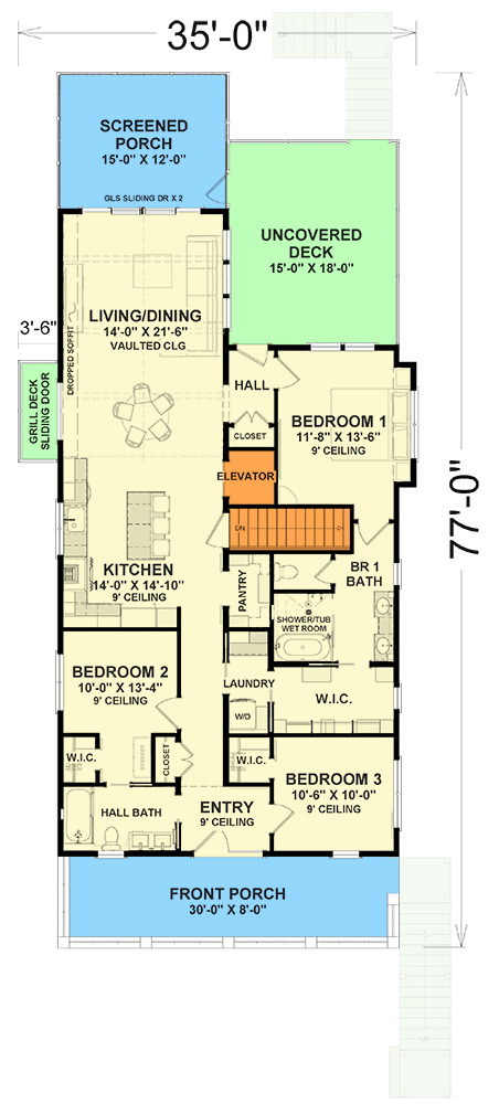 Plan 765057TWN: 3-Bed Elevated Lowcountry Cottage Plan with Elevator - 1547 Sq Ft - Floor Plan - Main Level - Beach, Coastal, Low Country, Vacation