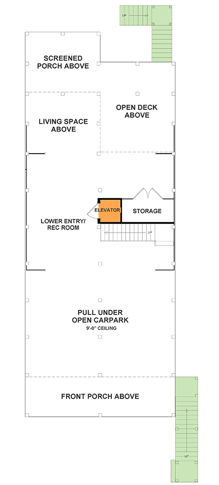 Plan 765057TWN: 3-Bed Elevated Lowcountry Cottage Plan with Elevator - 1547 Sq Ft - Floor Plan - Ground Level - Beach, Coastal, Low Country, Vacation