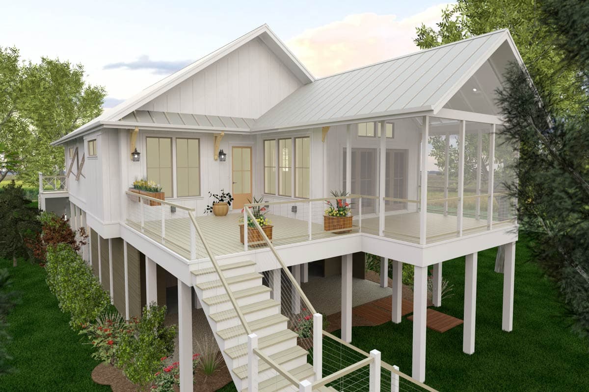 House plan exterior: Two-story Modern Farmhouse with a metal roof, wraparound porch, and large screened porch.